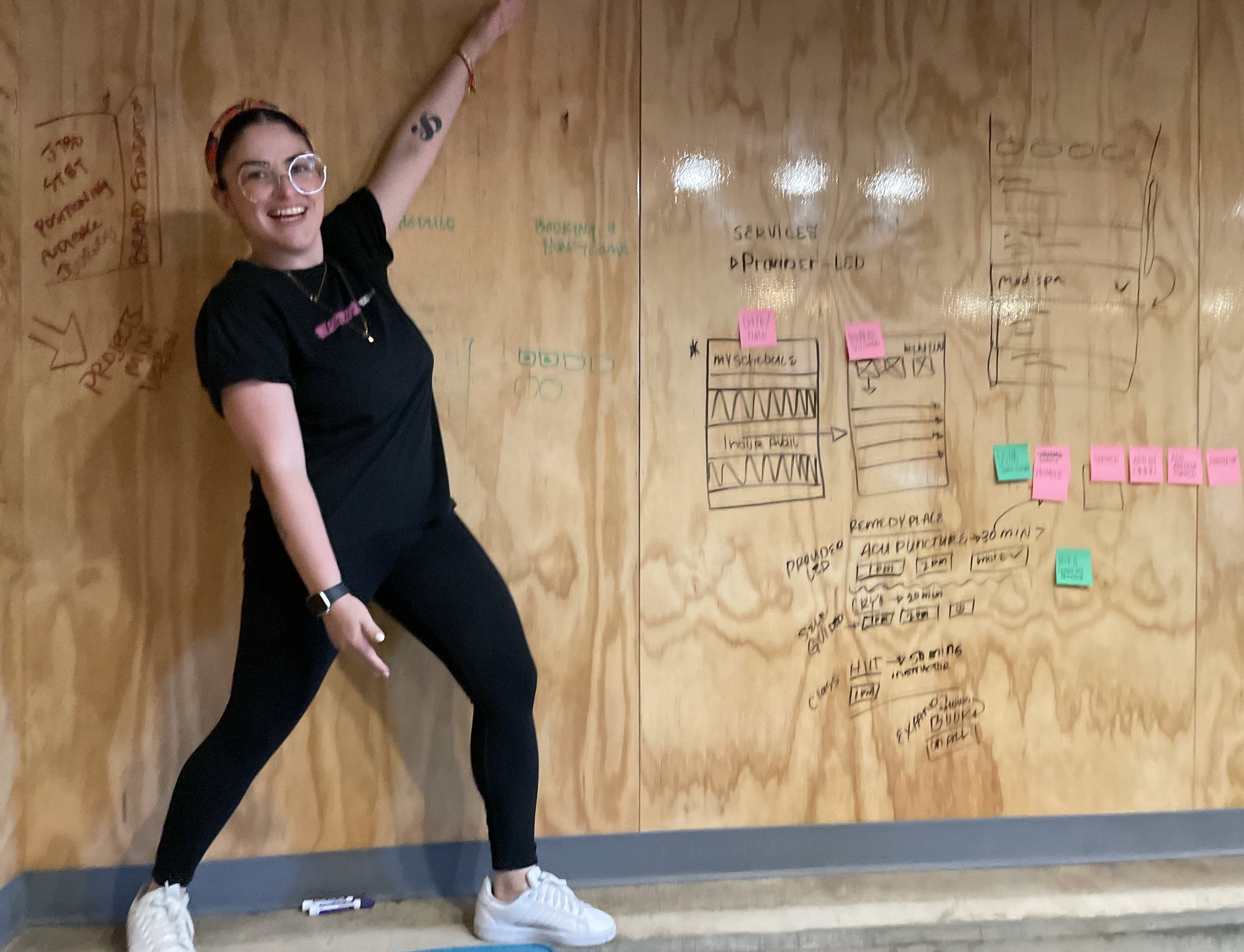 Woman posing playfully against a plywood wall covered in UX sketches and sticky notes