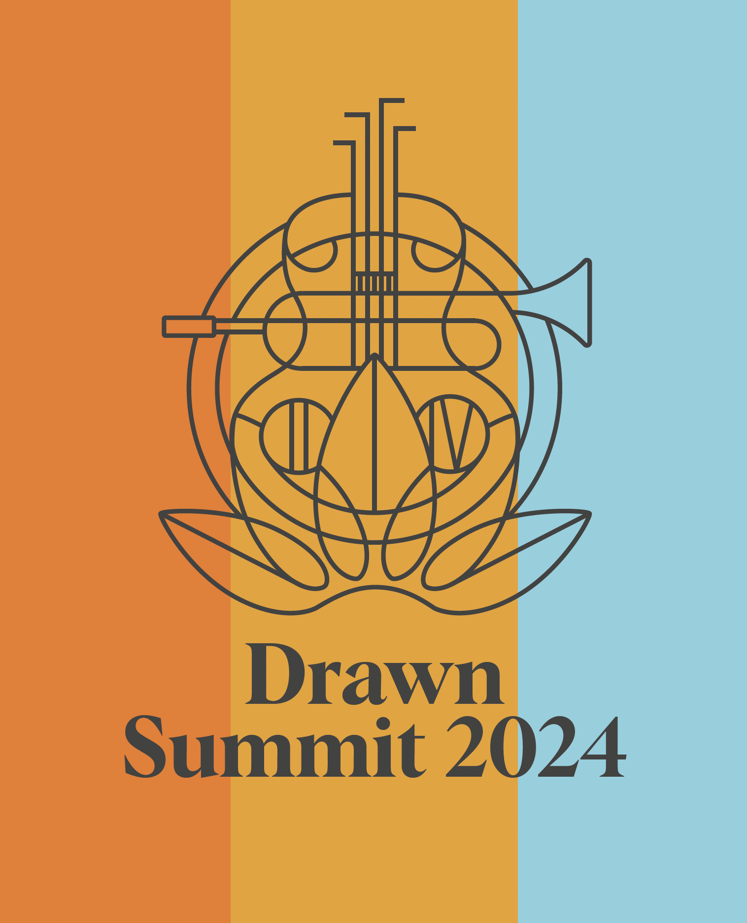 Drawn Summit 2024 poster, line-art instrument emblem over orange, yellow, and blue stripes