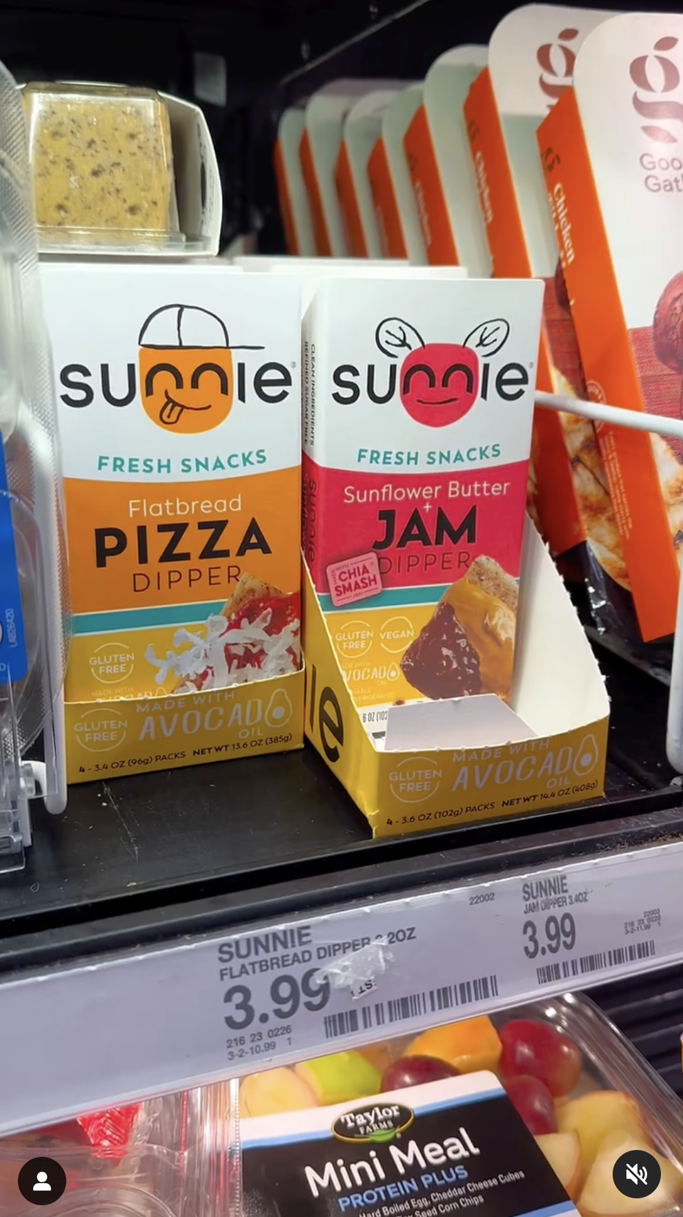 Sunnie Fresh Snacks pizza and jam dipper boxes on a Target shelf with $3.99 tags