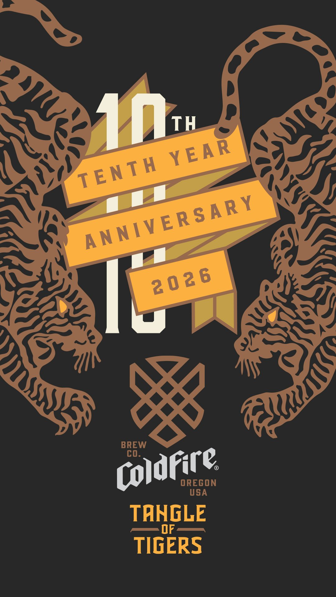 Coldfire Brew Co. 10th Anniversary 'Tangle of Tigers' poster with two facing tigers