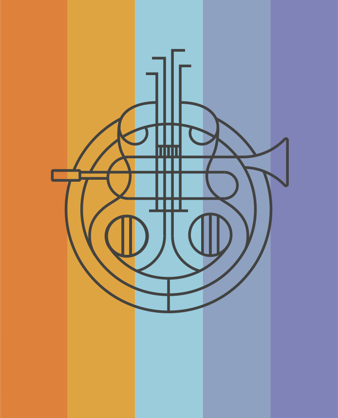 Line-art French horn icon over vertical orange, gold, blue and purple stripes