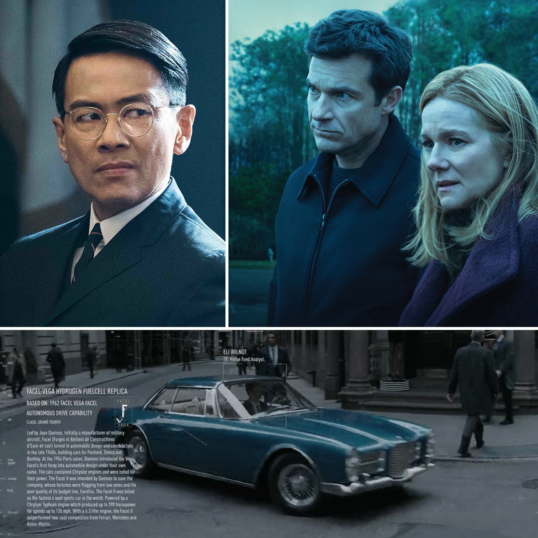 Collage of film and TV scenes including a bespectacled man, a couple, and a vintage Facel-Vega sedan