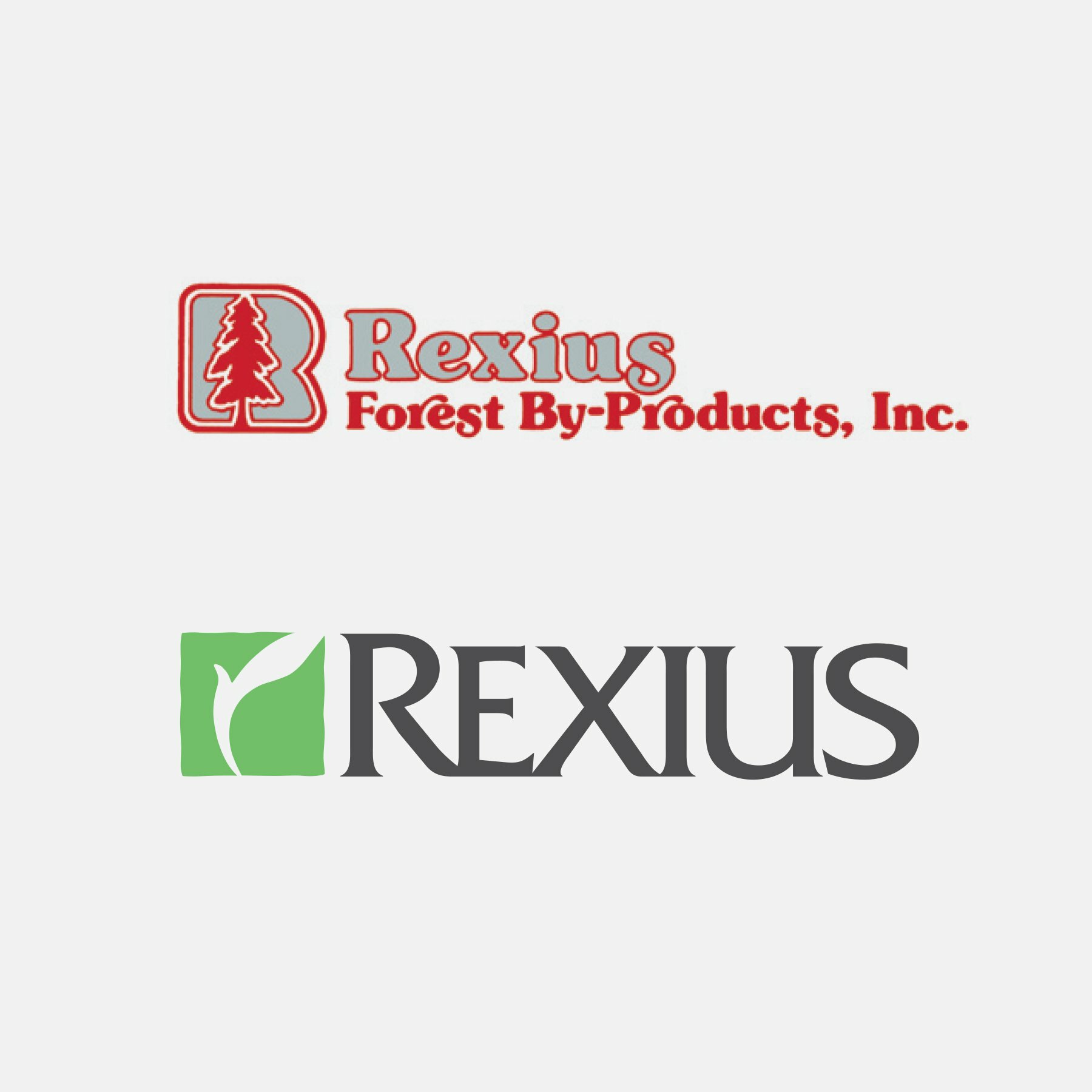 Rexius logo redesign comparing the old Forest By-Products tree mark to the new green leaf wordmark