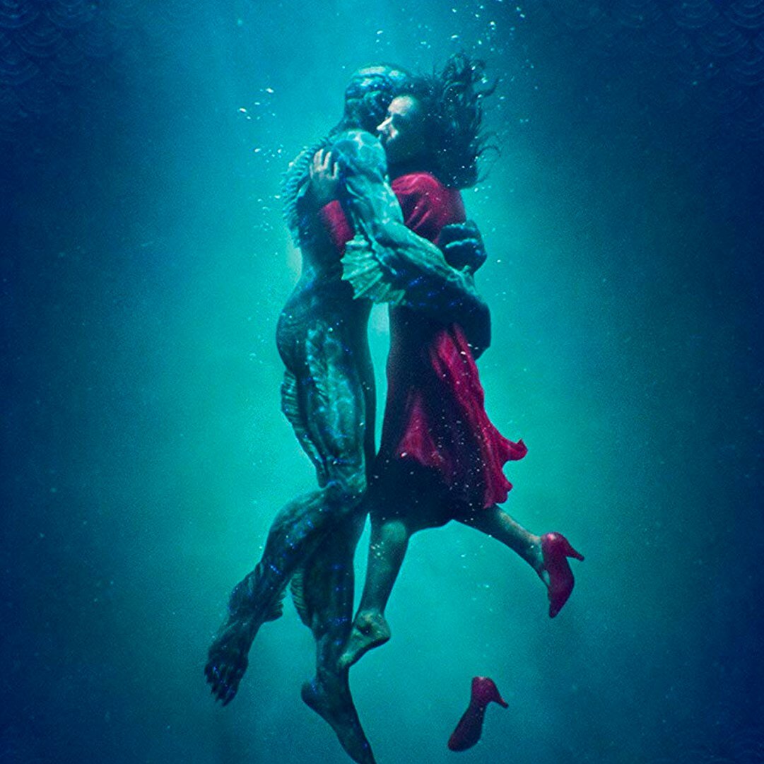 The Shape of Water film poster, a woman and amphibian man embracing underwater in teal water