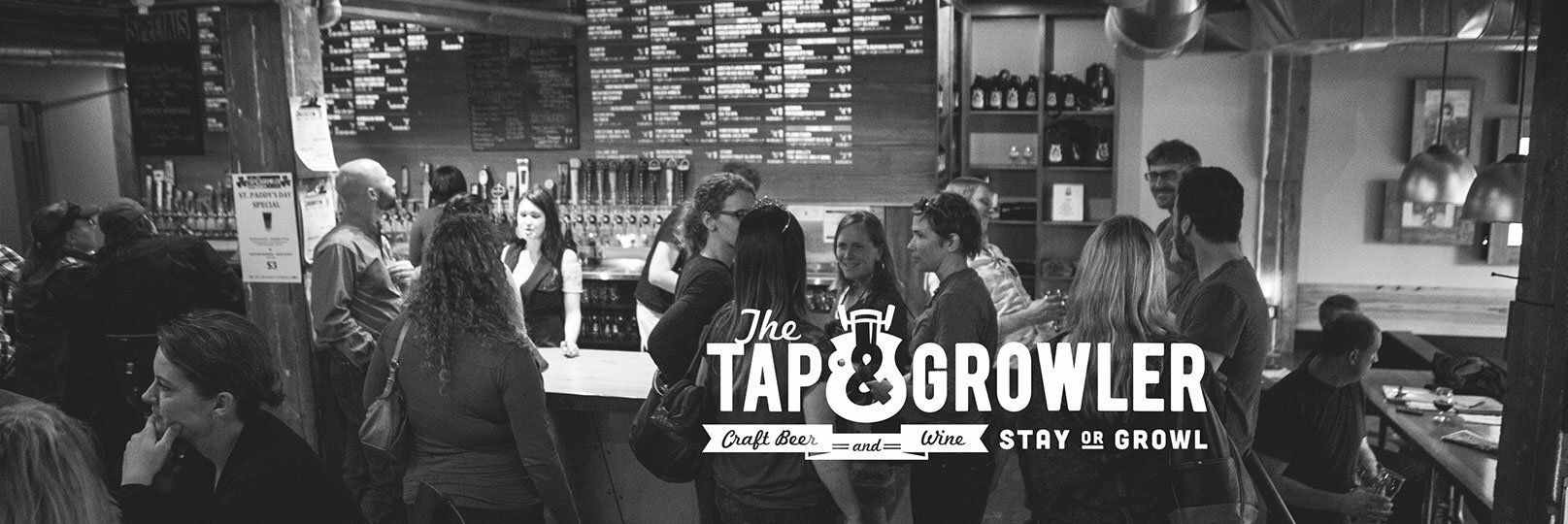 The Tap & Growler logo over a black-and-white crowd at a craft beer and wine taproom