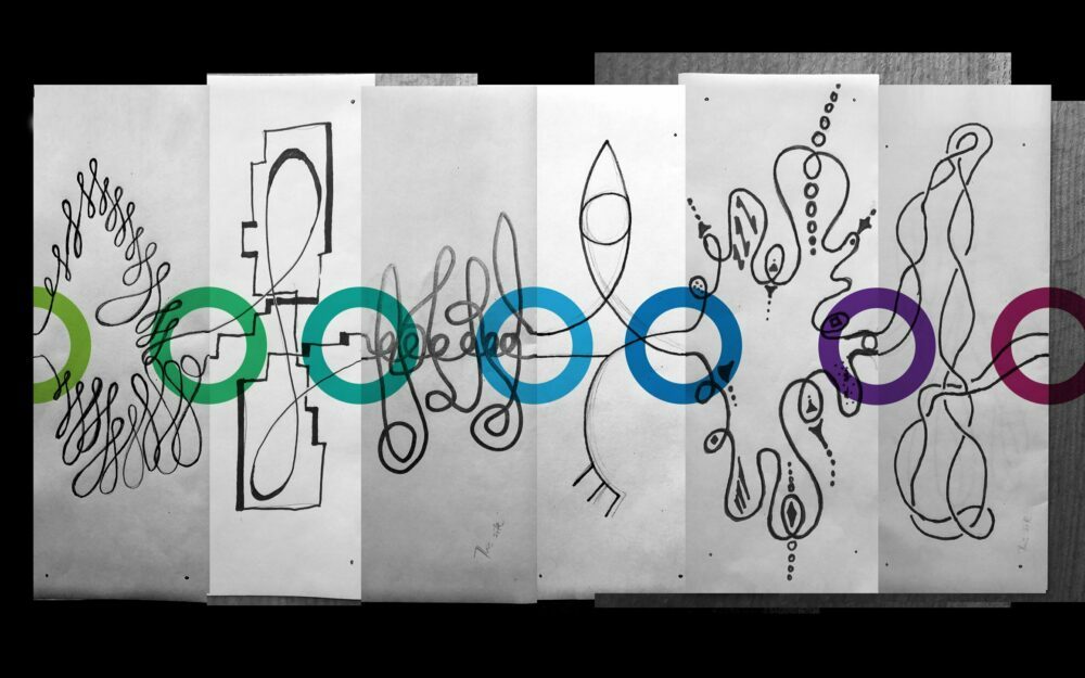 Six sheets of looping ink doodles overlaid with colorful rings, by the Drawn team