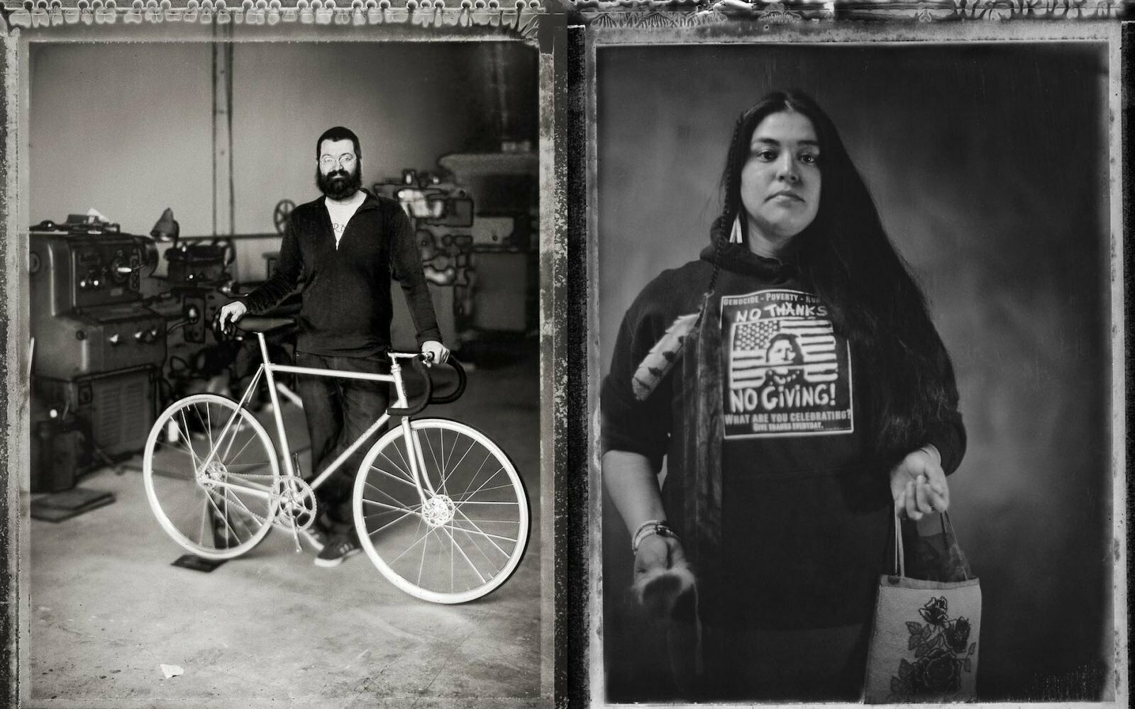 Black-and-white tintype portraits by Trask Bedortha: a man with a bicycle and a woman holding a bag