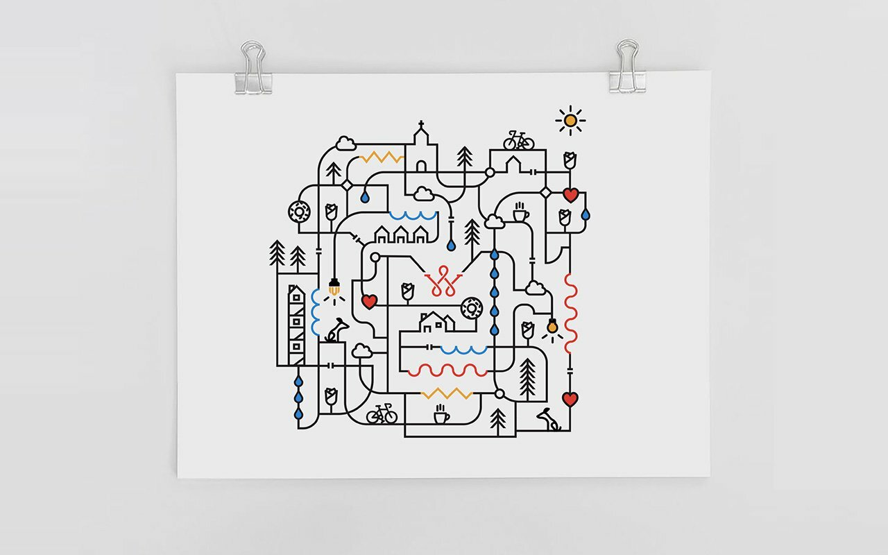 Wolcott line-art poster mapping connected icons of homes, bikes, trees and utilities